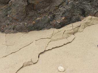 Beach sand is bulldozed by continued movement of an old cliff fall