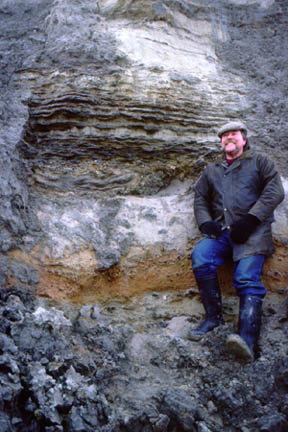 Section exposed in the lower cliff east of Overstrand, showing tidal laminated sediments of the Cromer Forest Bed. John Clayden for scale.