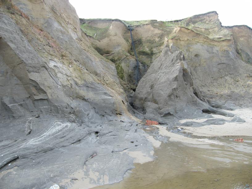 The stream cuts through Contorted Drift below Beeston Regis Caravan Park