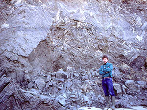 Finely laminated glacial lake clays in the cliffs at Trimingham have been buckled into chevron folds by horizontal forces as a result of advancing glacier ice in the Anglian glaciation.